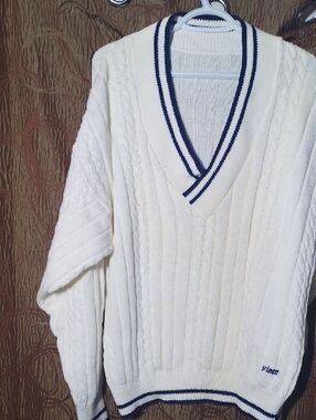 Prince Cream Cable-Knit V-Neck Sweater with Navy Trim